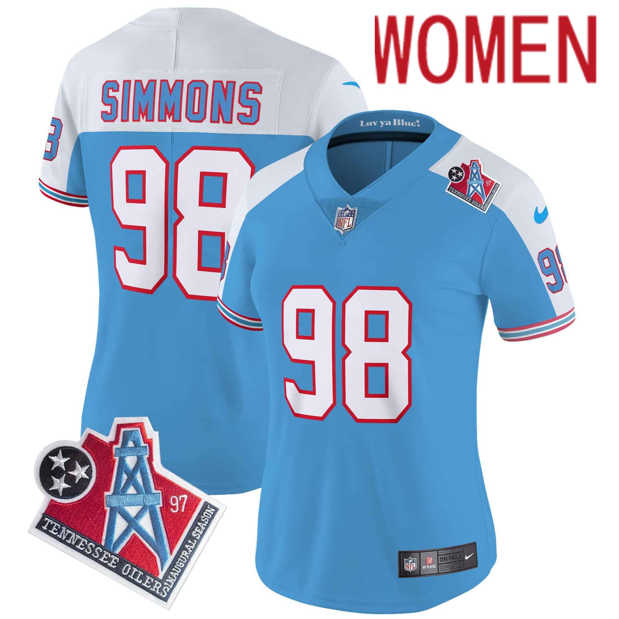 Women Tennessee Titans #98 Simmons Light Blue 1997 Throwback 2024 Nike Limited Vapor NFL Jersey style 1